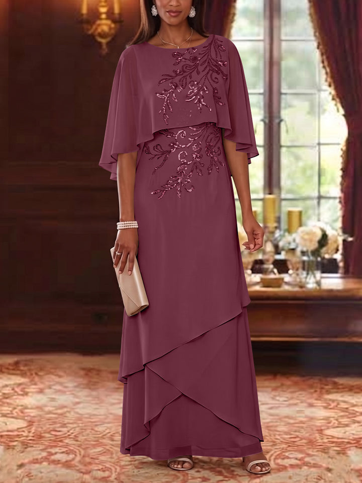 A-Line/Princess Scoop Chiffon Mother of the Bride Dresses Cape Sleeves Floor-Length Floral Sequins