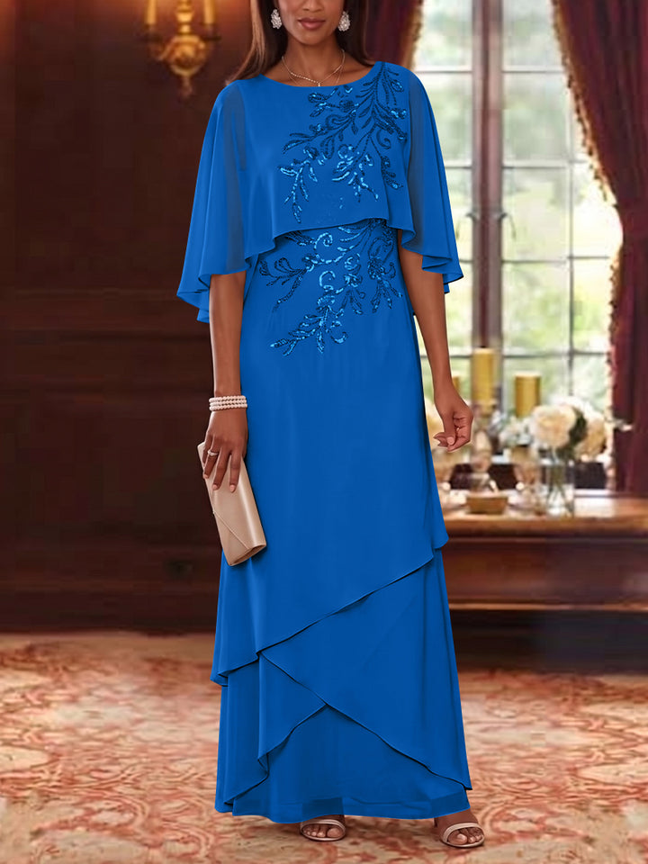 A-Line/Princess Scoop Chiffon Mother of the Bride Dresses Cape Sleeves Floor-Length Floral Sequins