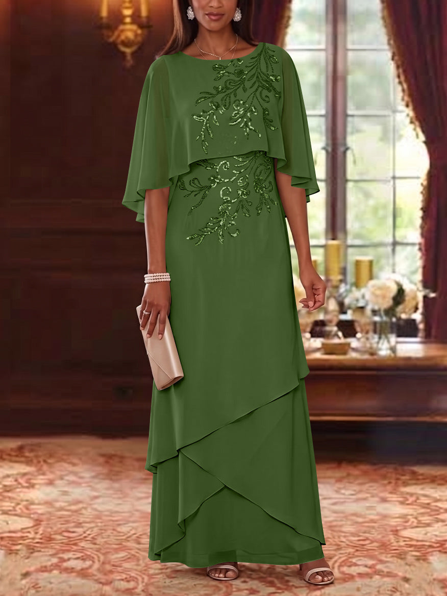 A-Line/Princess Scoop Chiffon Mother of the Bride Dresses Cape Sleeves Floor-Length Floral Sequins