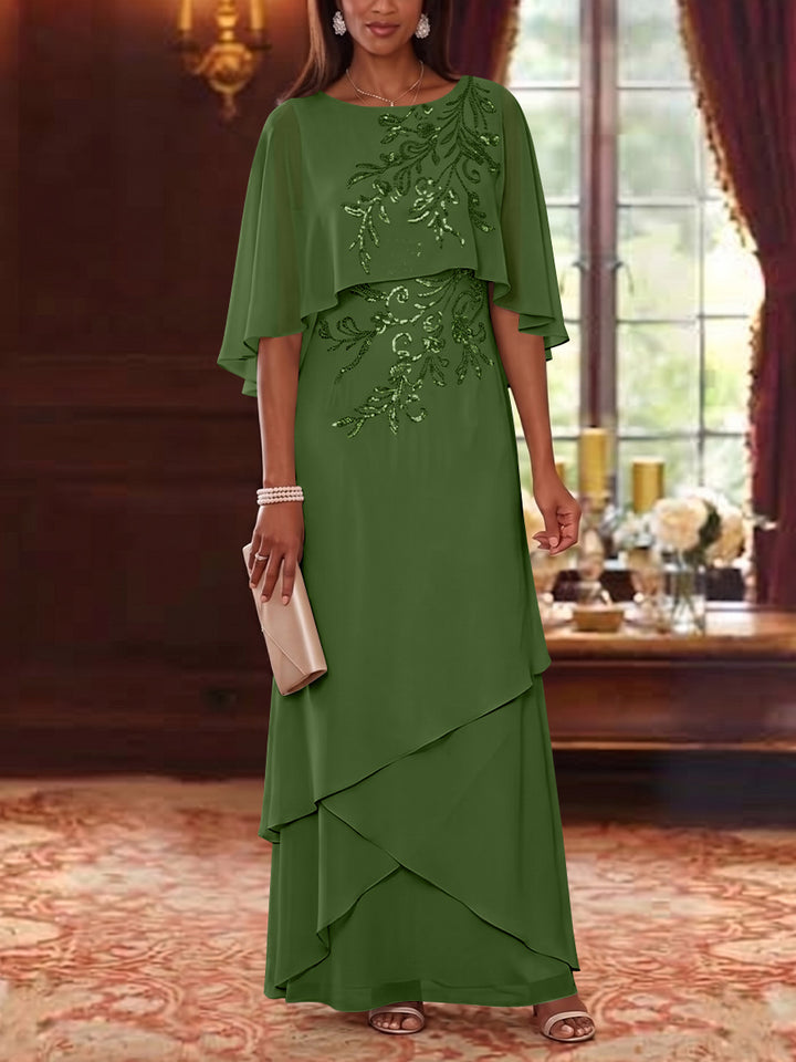 A-Line/Princess Scoop Chiffon Mother of the Bride Dresses Cape Sleeves Floor-Length Floral Sequins