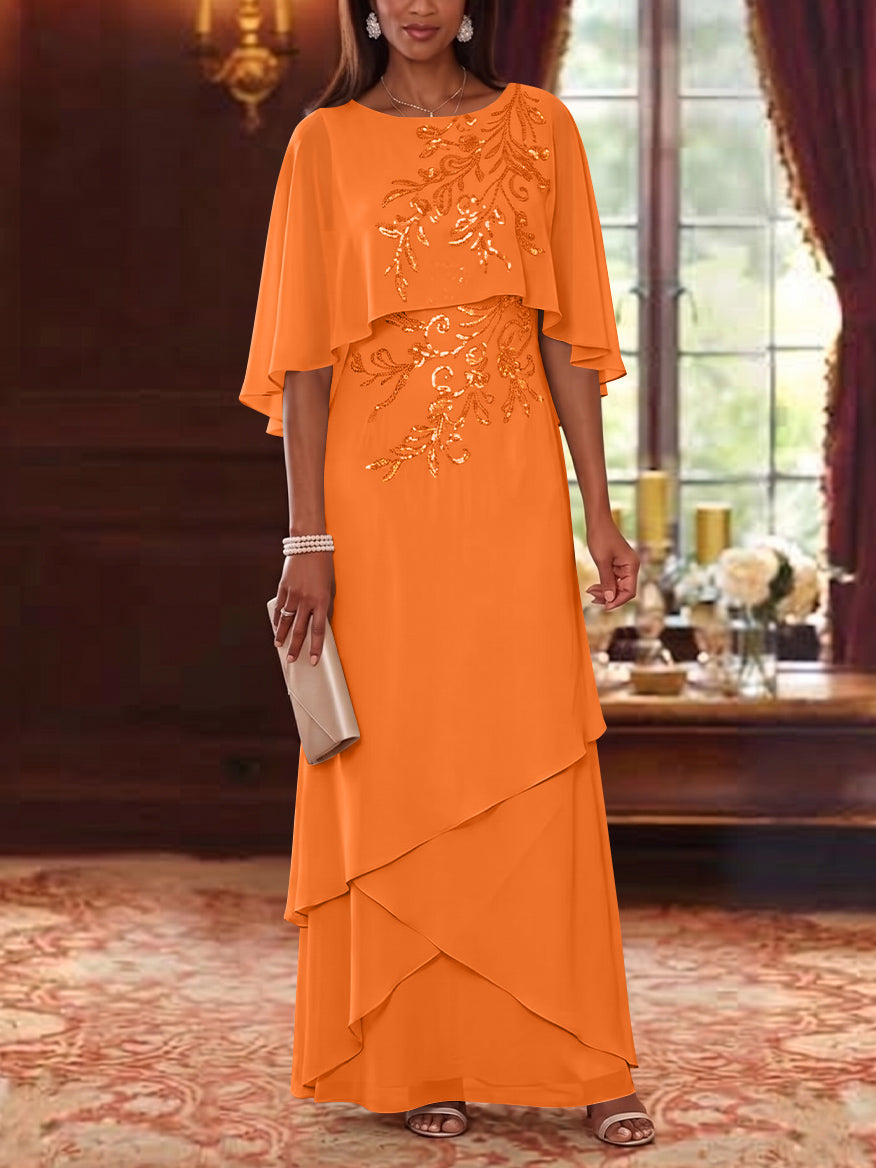 A-Line/Princess Scoop Chiffon Mother of the Bride Dresses Cape Sleeves Floor-Length Floral Sequins