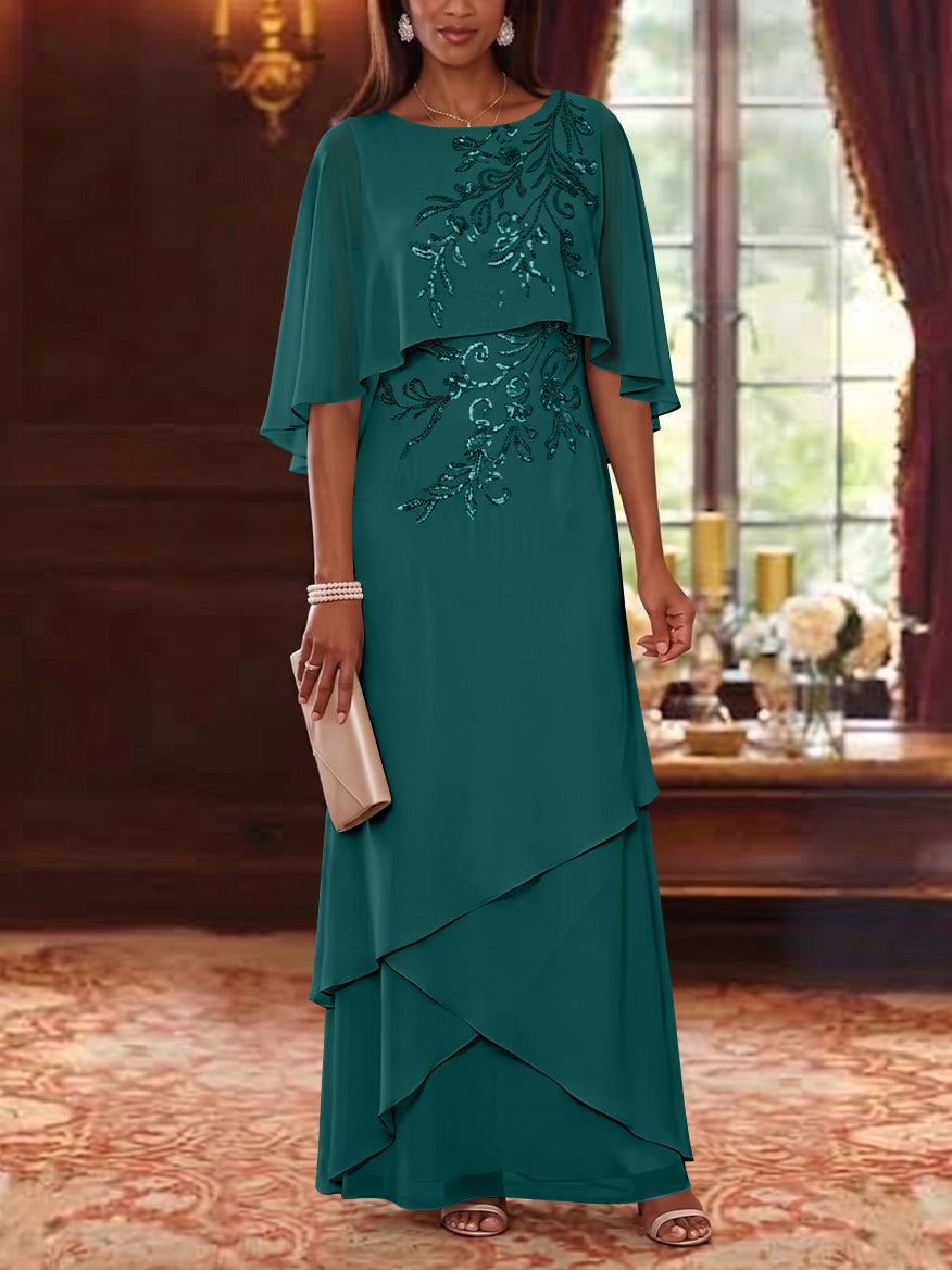 A-Line/Princess Scoop Chiffon Mother of the Bride Dresses Cape Sleeves Floor-Length Floral Sequins