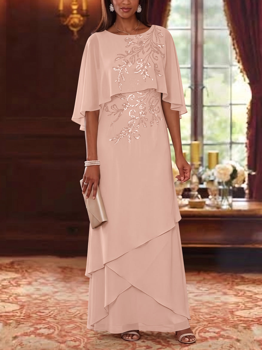 A-Line/Princess Scoop Chiffon Mother of the Bride Dresses Cape Sleeves Floor-Length Floral Sequins