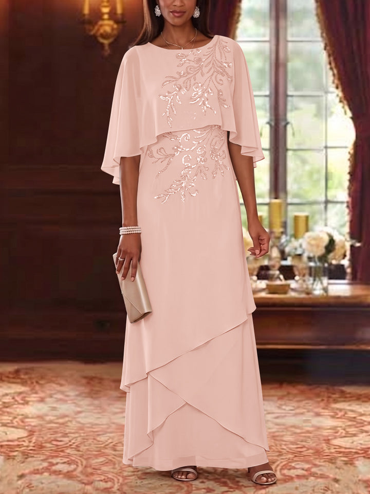 A-Line/Princess Scoop Chiffon Mother of the Bride Dresses Cape Sleeves Floor-Length Floral Sequins