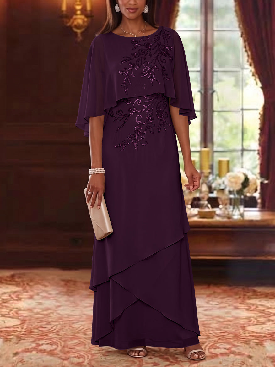 A-Line/Princess Scoop Chiffon Mother of the Bride Dresses Cape Sleeves Floor-Length Floral Sequins