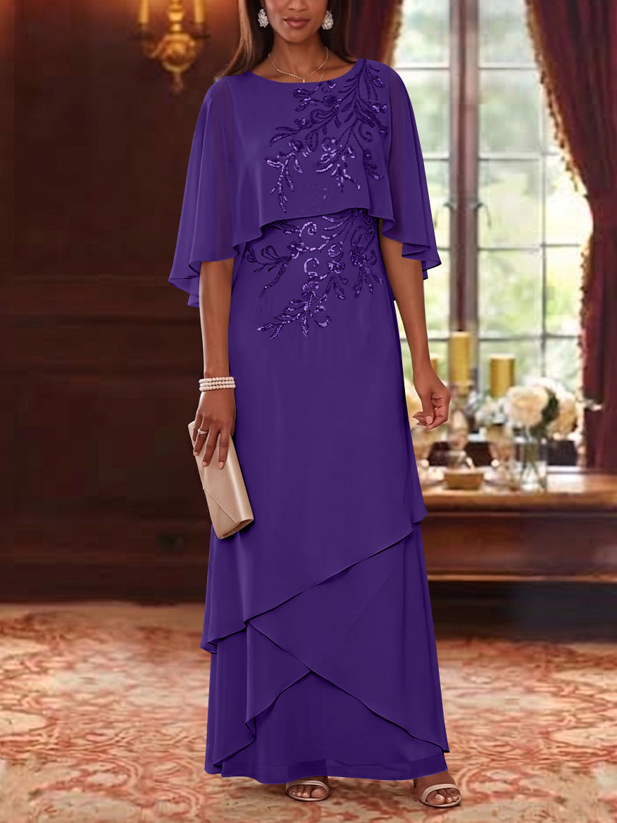 A-Line/Princess Scoop Chiffon Mother of the Bride Dresses Cape Sleeves Floor-Length Floral Sequins