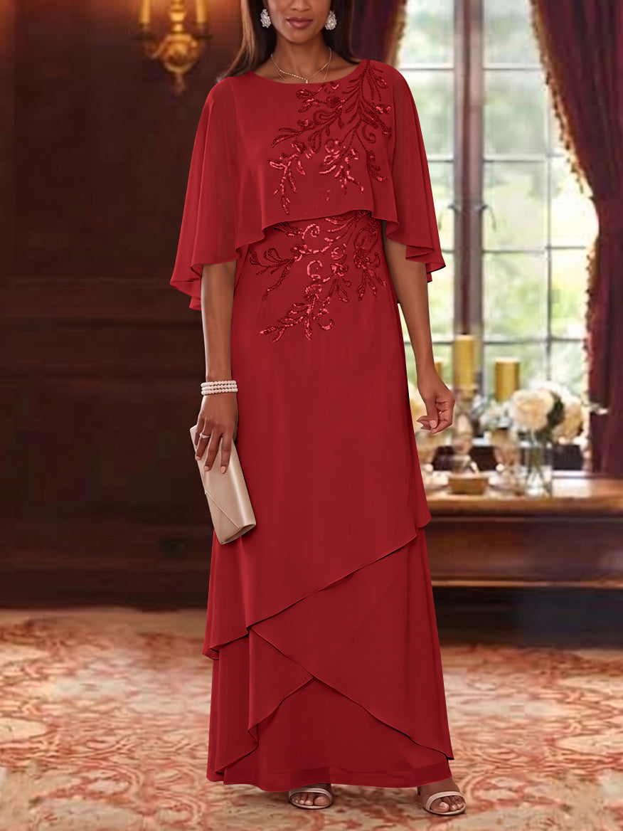 A-Line/Princess Scoop Chiffon Mother of the Bride Dresses Cape Sleeves Floor-Length Floral Sequins