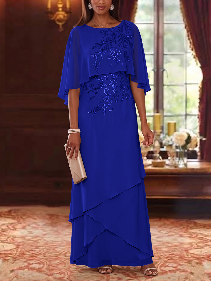 A-Line/Princess Scoop Chiffon Mother of the Bride Dresses Cape Sleeves Floor-Length Floral Sequins