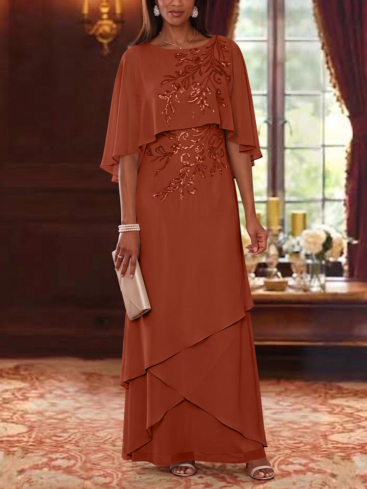 A-Line/Princess Scoop Chiffon Mother of the Bride Dresses Cape Sleeves Floor-Length Floral Sequins