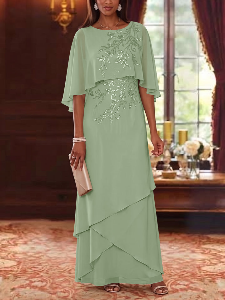 A-Line/Princess Scoop Chiffon Mother of the Bride Dresses Cape Sleeves Floor-Length Floral Sequins