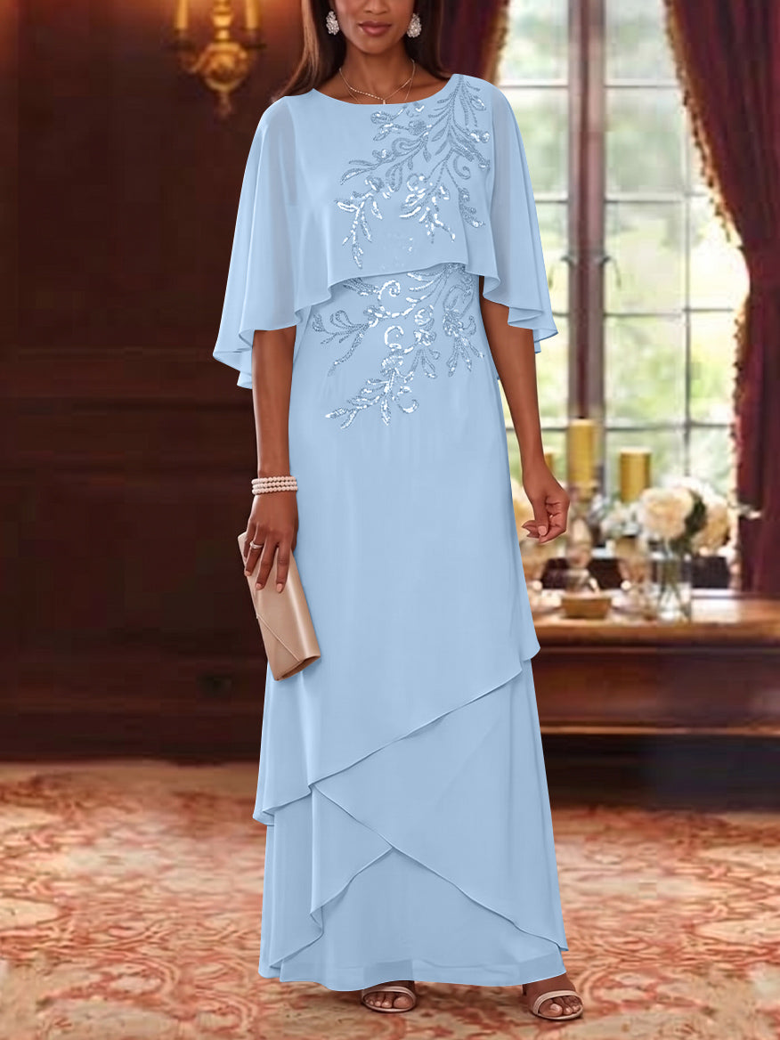 A-Line/Princess Scoop Chiffon Mother of the Bride Dresses Cape Sleeves Floor-Length Floral Sequins