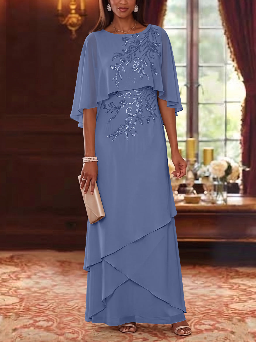 A-Line/Princess Scoop Chiffon Mother of the Bride Dresses Cape Sleeves Floor-Length Floral Sequins