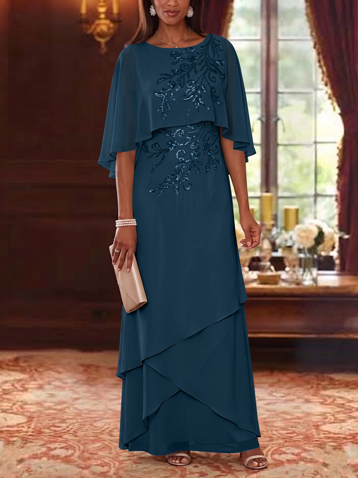 A-Line/Princess Scoop Chiffon Mother of the Bride Dresses Cape Sleeves Floor-Length Floral Sequins