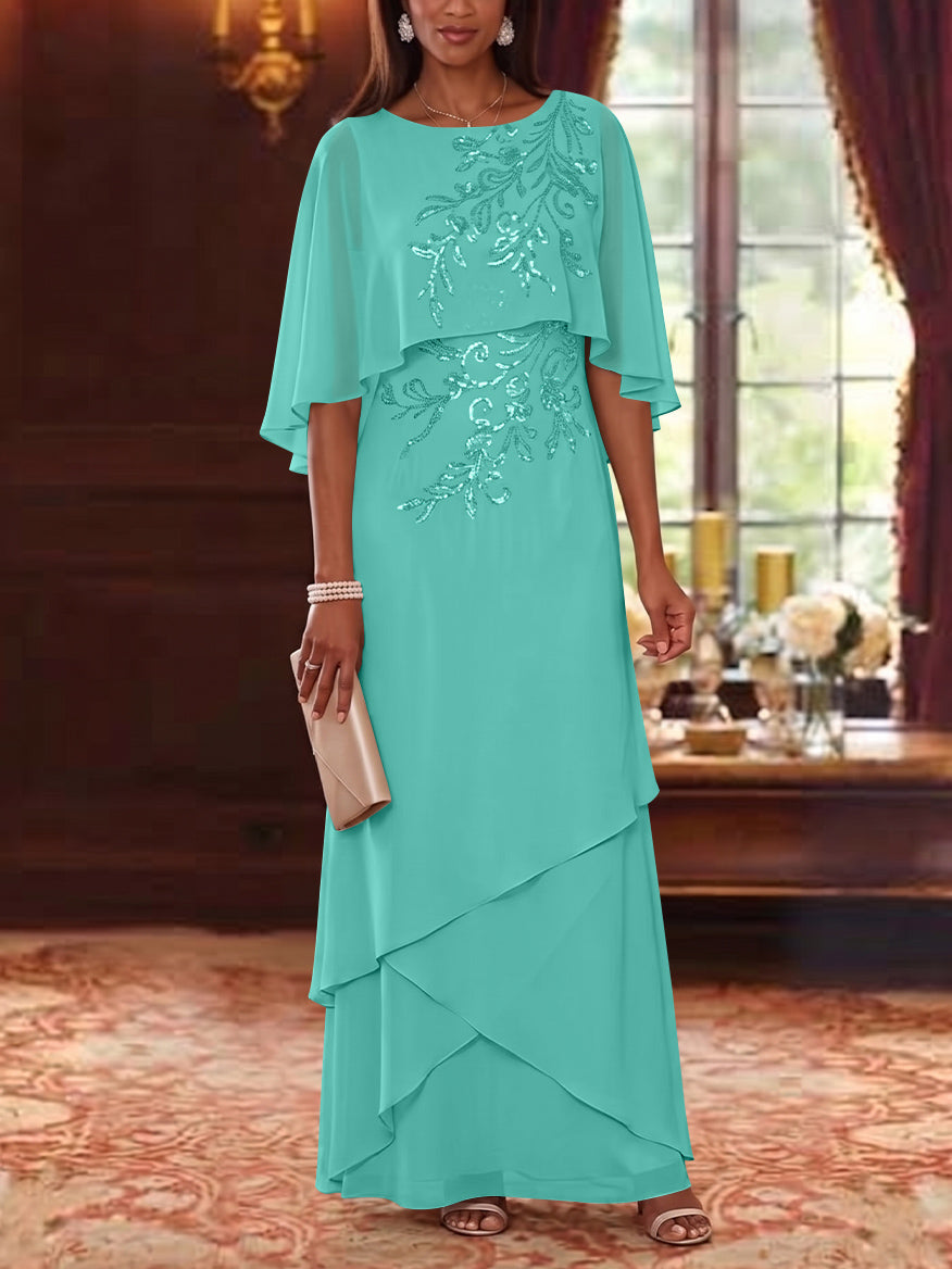 A-Line/Princess Scoop Chiffon Mother of the Bride Dresses Cape Sleeves Floor-Length Floral Sequins