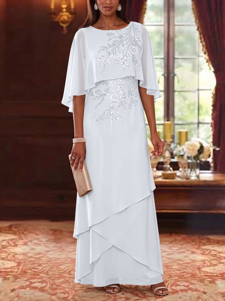 A-Line/Princess Scoop Chiffon Mother of the Bride Dresses Cape Sleeves Floor-Length Floral Sequins