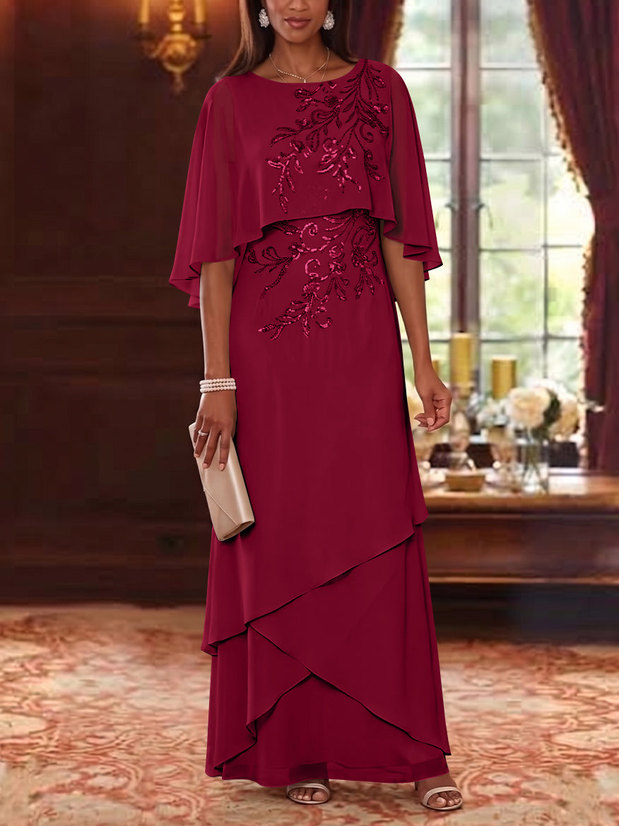 A-Line/Princess Scoop Chiffon Mother of the Bride Dresses Cape Sleeves Floor-Length Floral Sequins