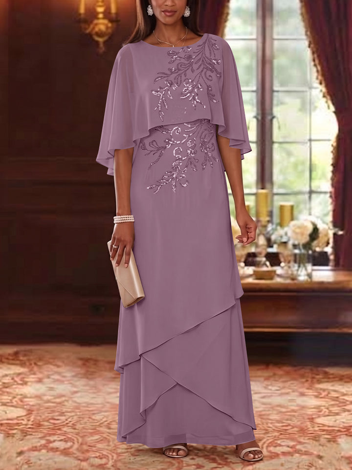 A-Line/Princess Scoop Chiffon Mother of the Bride Dresses Cape Sleeves Floor-Length Floral Sequins