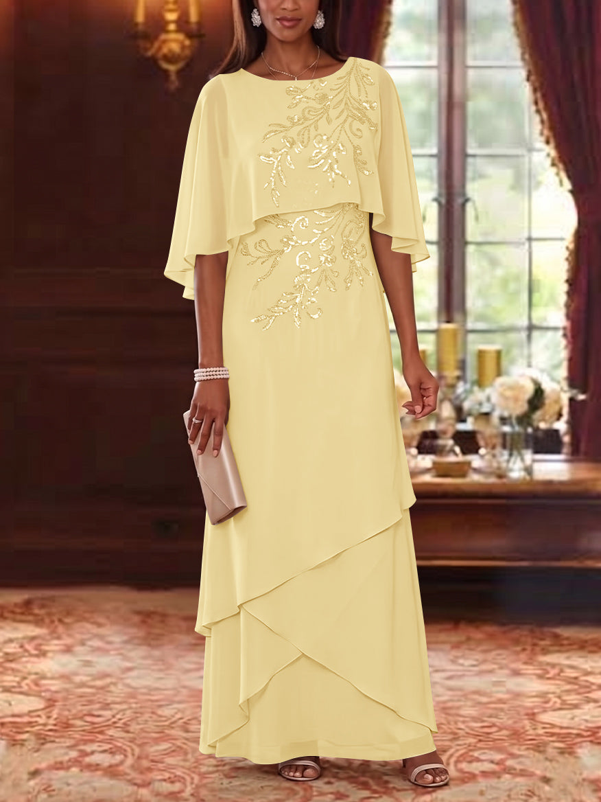 A-Line/Princess Scoop Chiffon Mother of the Bride Dresses Cape Sleeves Floor-Length Floral Sequins