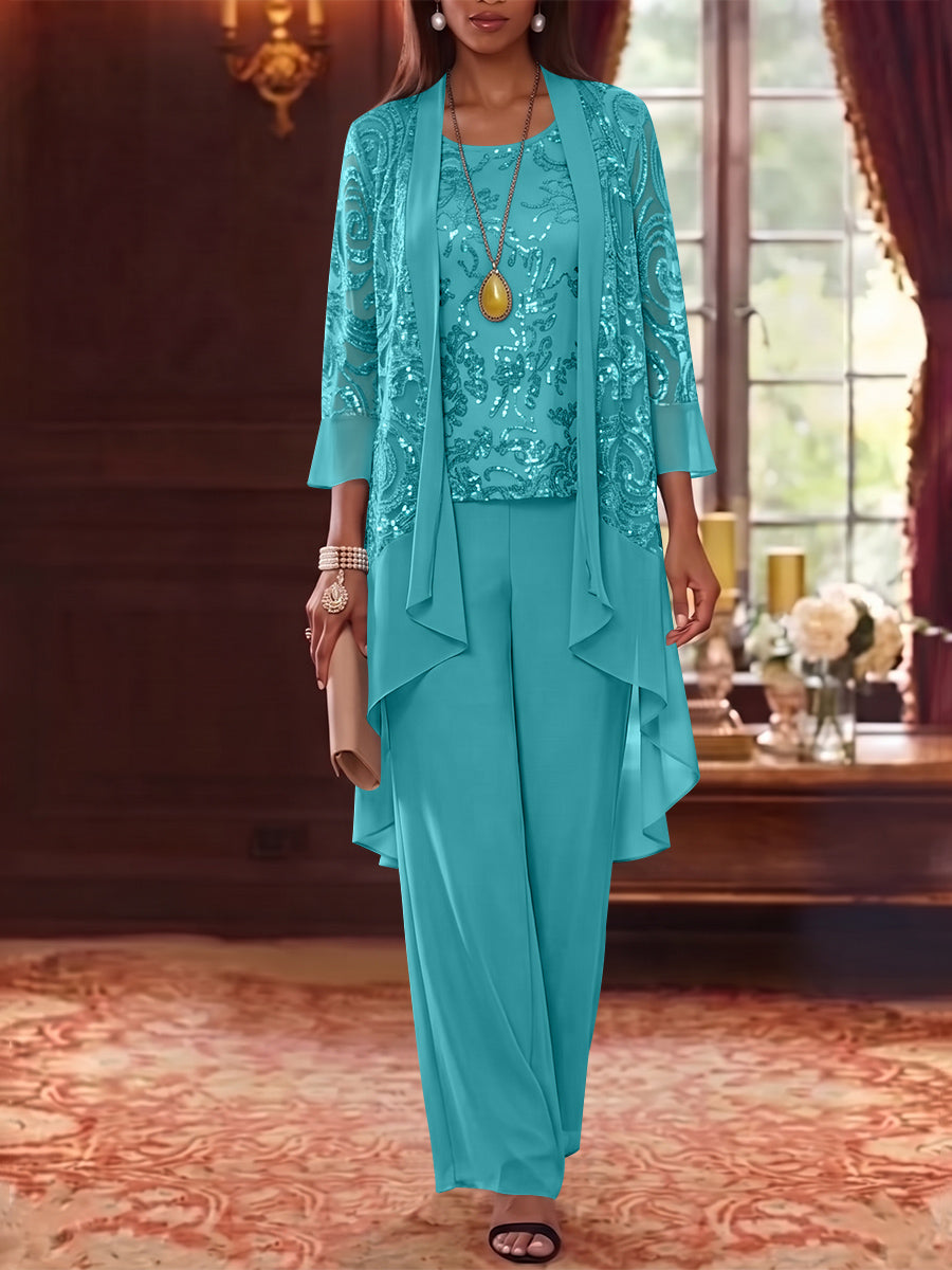 3 Pieces Scoop Chiffon Mother of the Bride Pantsuits with Jacket 3/4 Sleeves Ankle-Length Floral Sequins