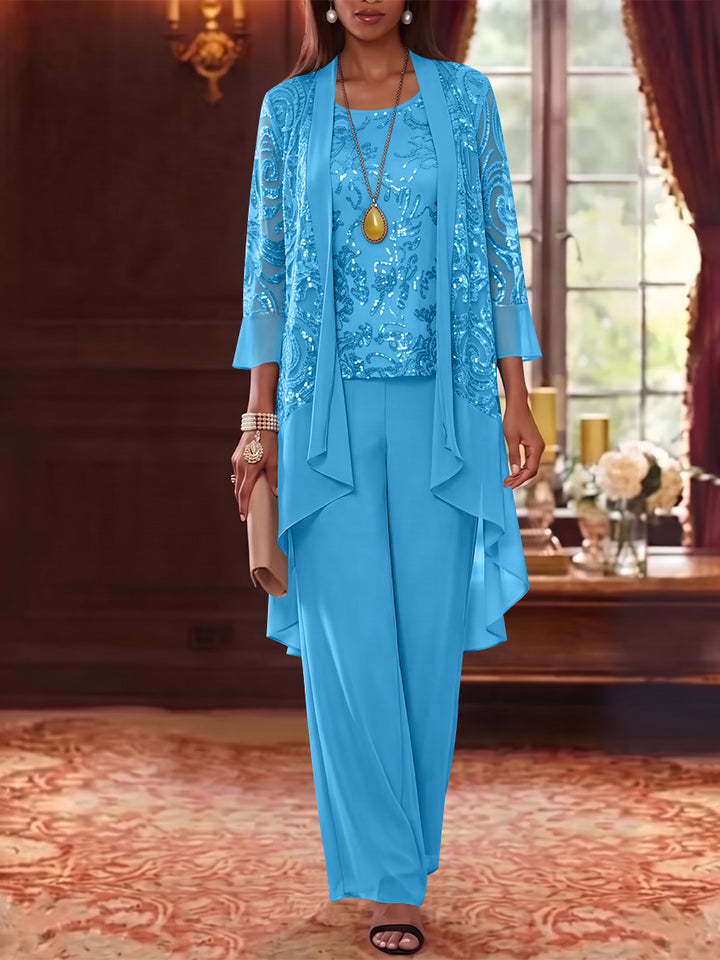 3 Pieces Scoop Chiffon Mother of the Bride Pantsuits with Jacket 3/4 Sleeves Ankle-Length Floral Sequins