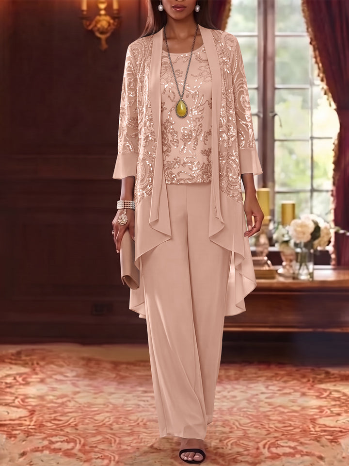 3 Pieces Scoop Chiffon Mother of the Bride Pantsuits with Jacket 3/4 Sleeves Ankle-Length Floral Sequins