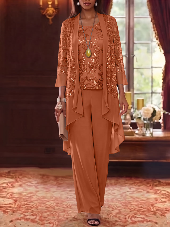 3 Pieces Scoop Chiffon Mother of the Bride Pantsuits with Jacket 3/4 Sleeves Ankle-Length Floral Sequins