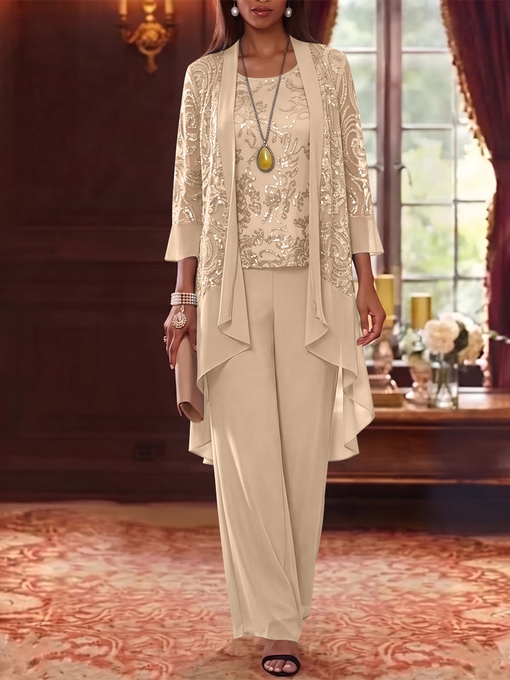 3 Pieces Scoop Chiffon Mother of the Bride Pantsuits with Jacket 3/4 Sleeves Ankle-Length Floral Sequins