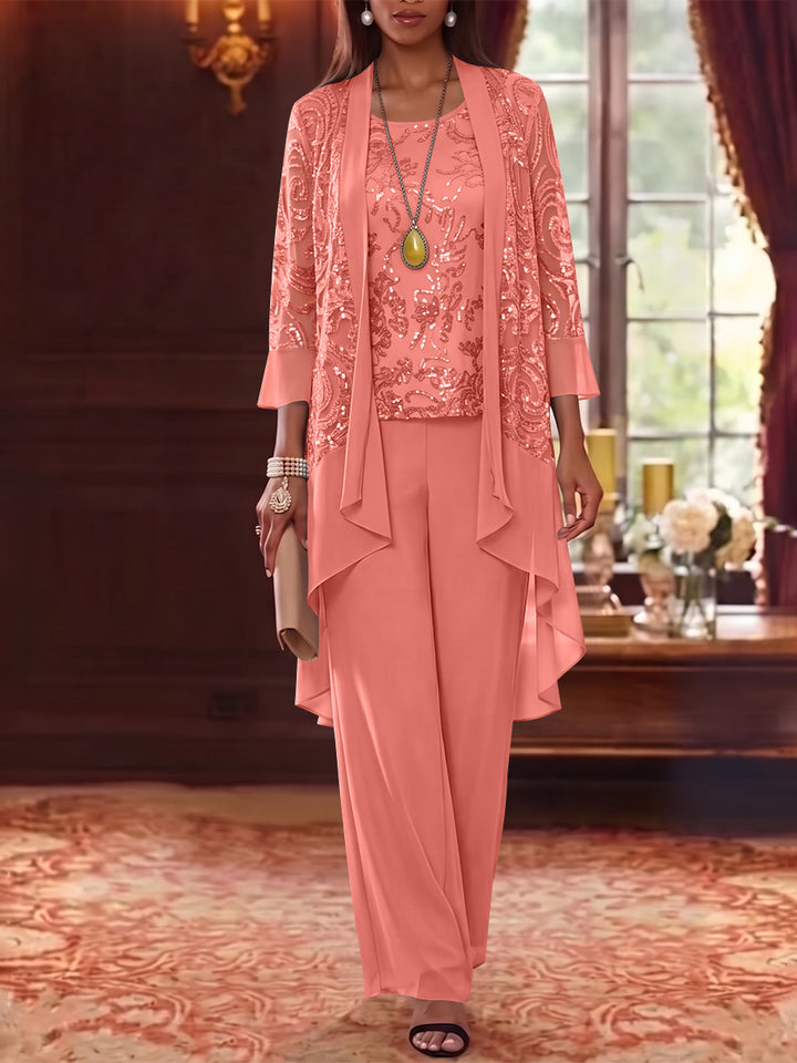 3 Pieces Scoop Chiffon Mother of the Bride Pantsuits with Jacket 3/4 Sleeves Ankle-Length Floral Sequins