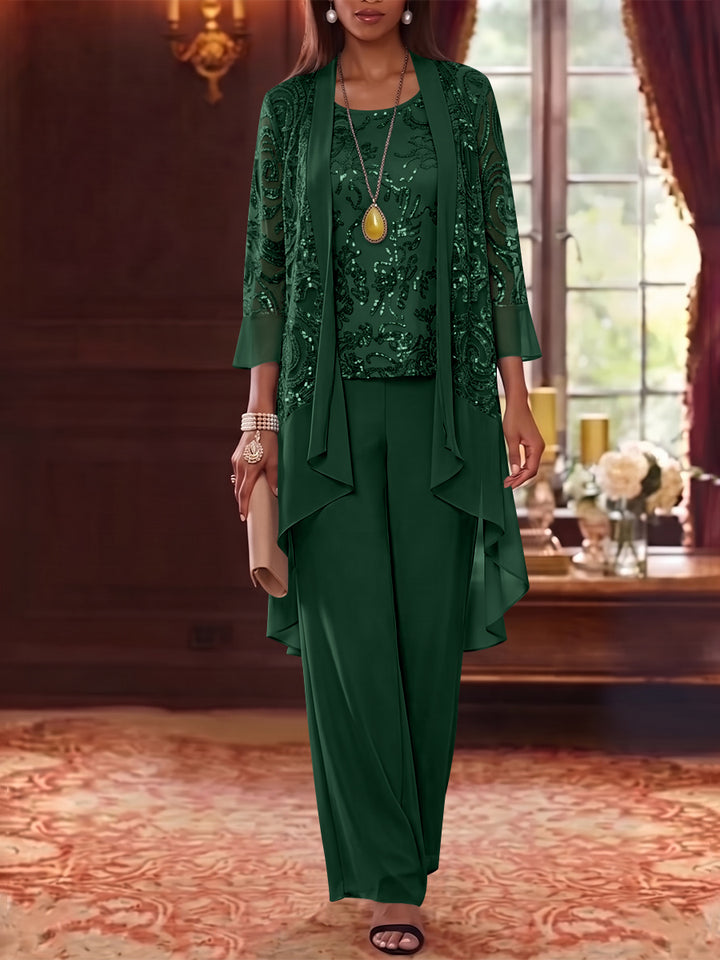 3 Pieces Scoop Chiffon Mother of the Bride Pantsuits with Jacket 3/4 Sleeves Ankle-Length Floral Sequins