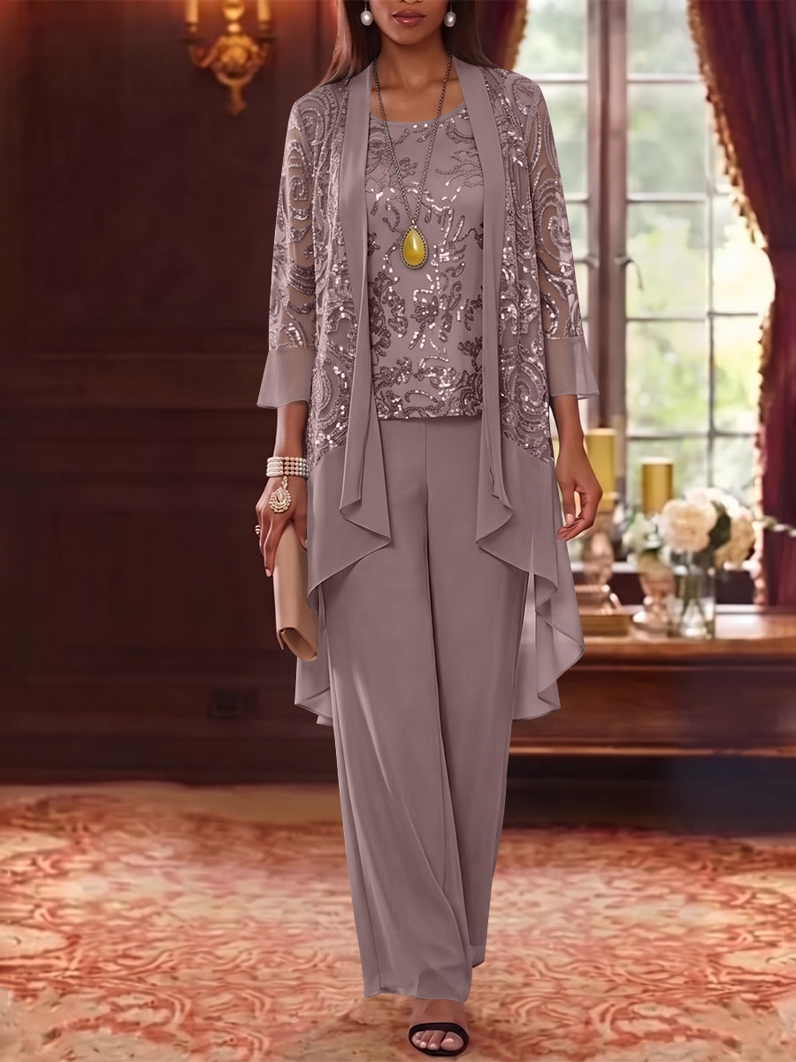 3 Pieces Scoop Chiffon Mother of the Bride Pantsuits with Jacket 3/4 Sleeves Ankle-Length Floral Sequins