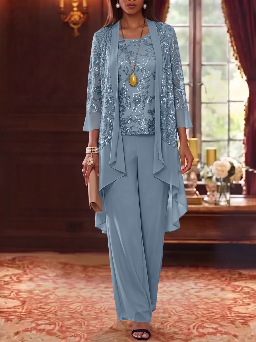 3 Pieces Scoop Chiffon Mother of the Bride Pantsuits with Jacket 3/4 Sleeves Ankle-Length Floral Sequins