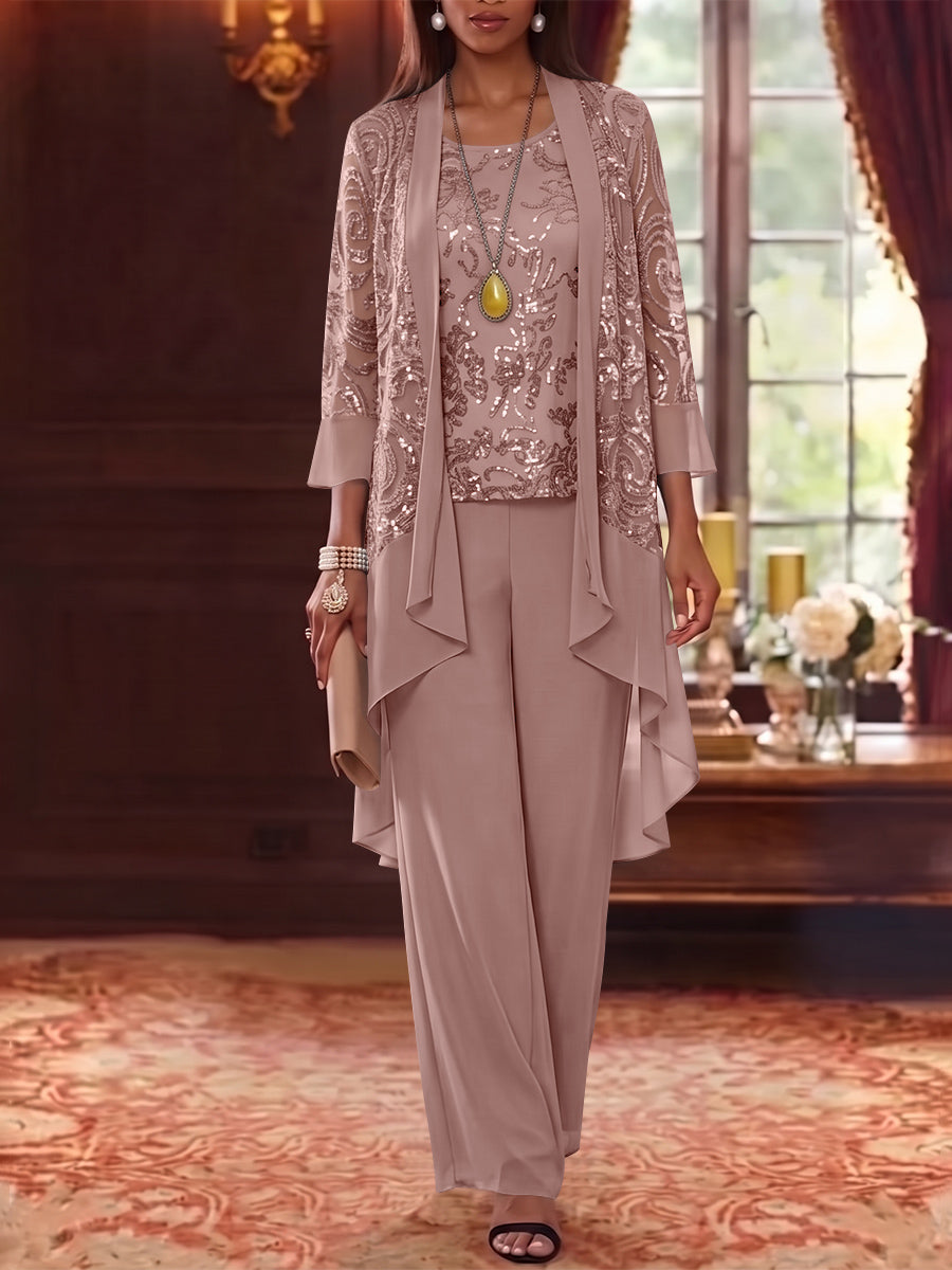 3 Pieces Scoop Chiffon Mother of the Bride Pantsuits with Jacket 3/4 Sleeves Ankle-Length Floral Sequins
