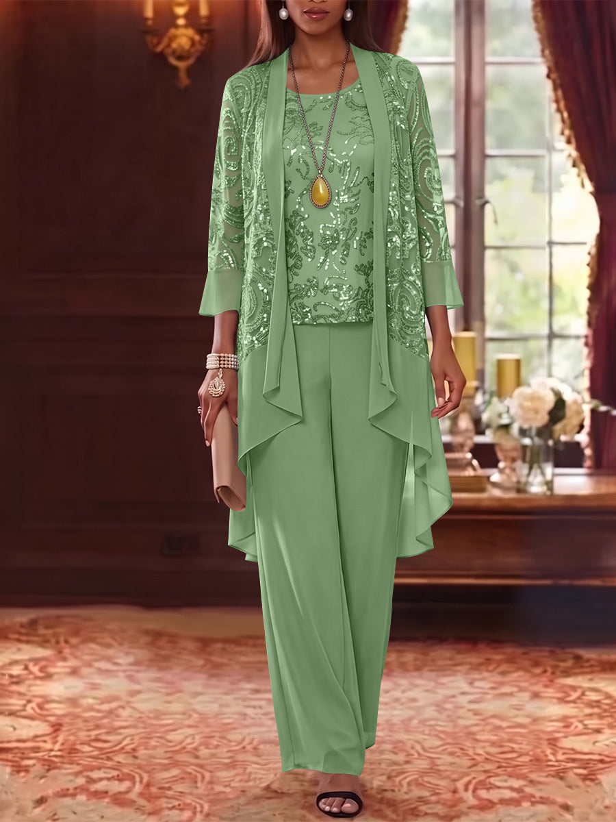 3 Pieces Scoop Chiffon Mother of the Bride Pantsuits with Jacket 3/4 Sleeves Ankle-Length Floral Sequins