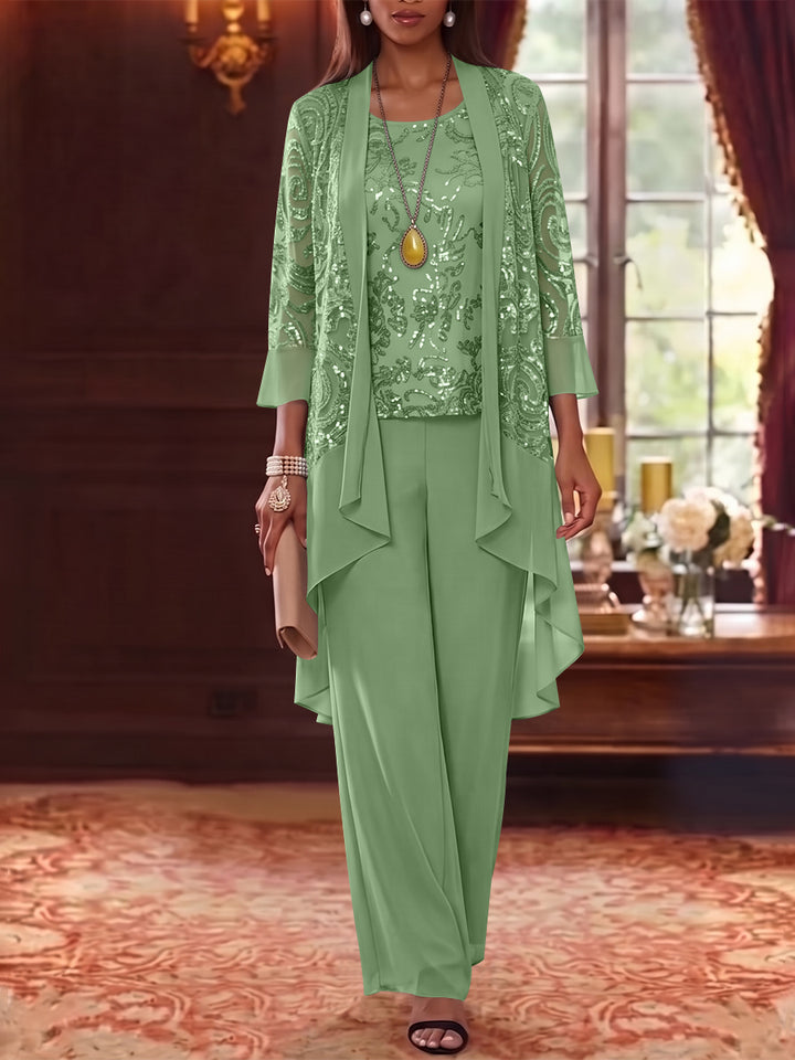 3 Pieces Scoop Chiffon Mother of the Bride Pantsuits with Jacket 3/4 Sleeves Ankle-Length Floral Sequins