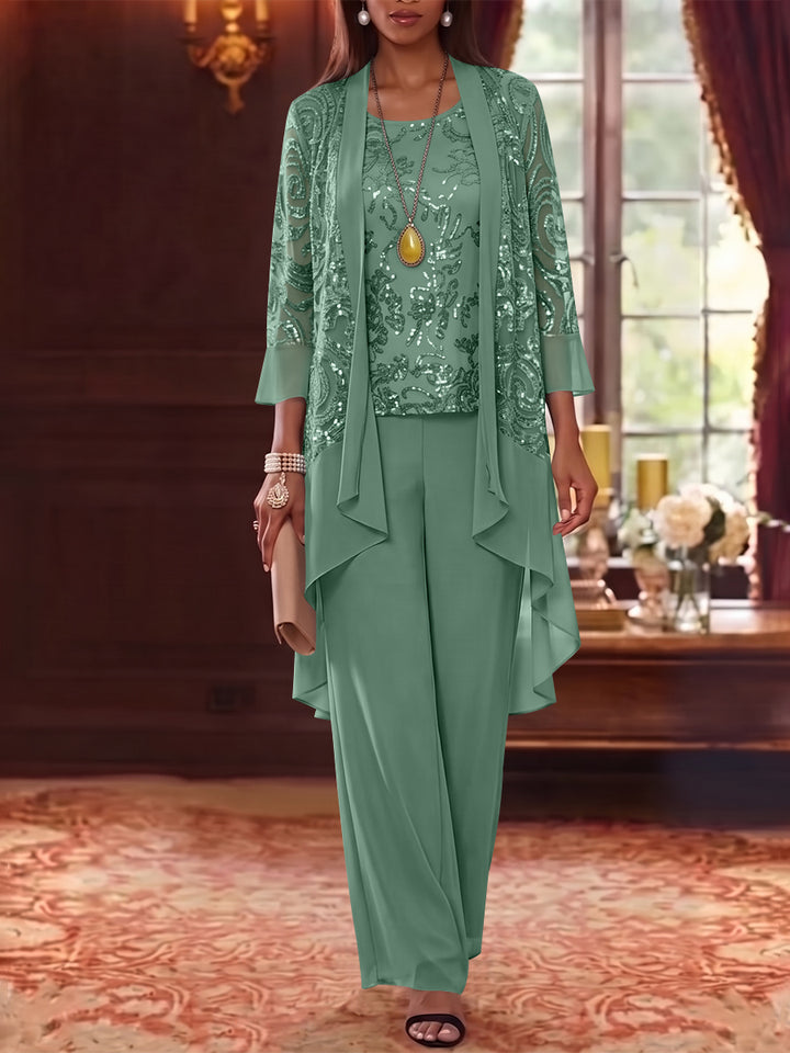 3 Pieces Scoop Chiffon Mother of the Bride Pantsuits with Jacket 3/4 Sleeves Ankle-Length Floral Sequins
