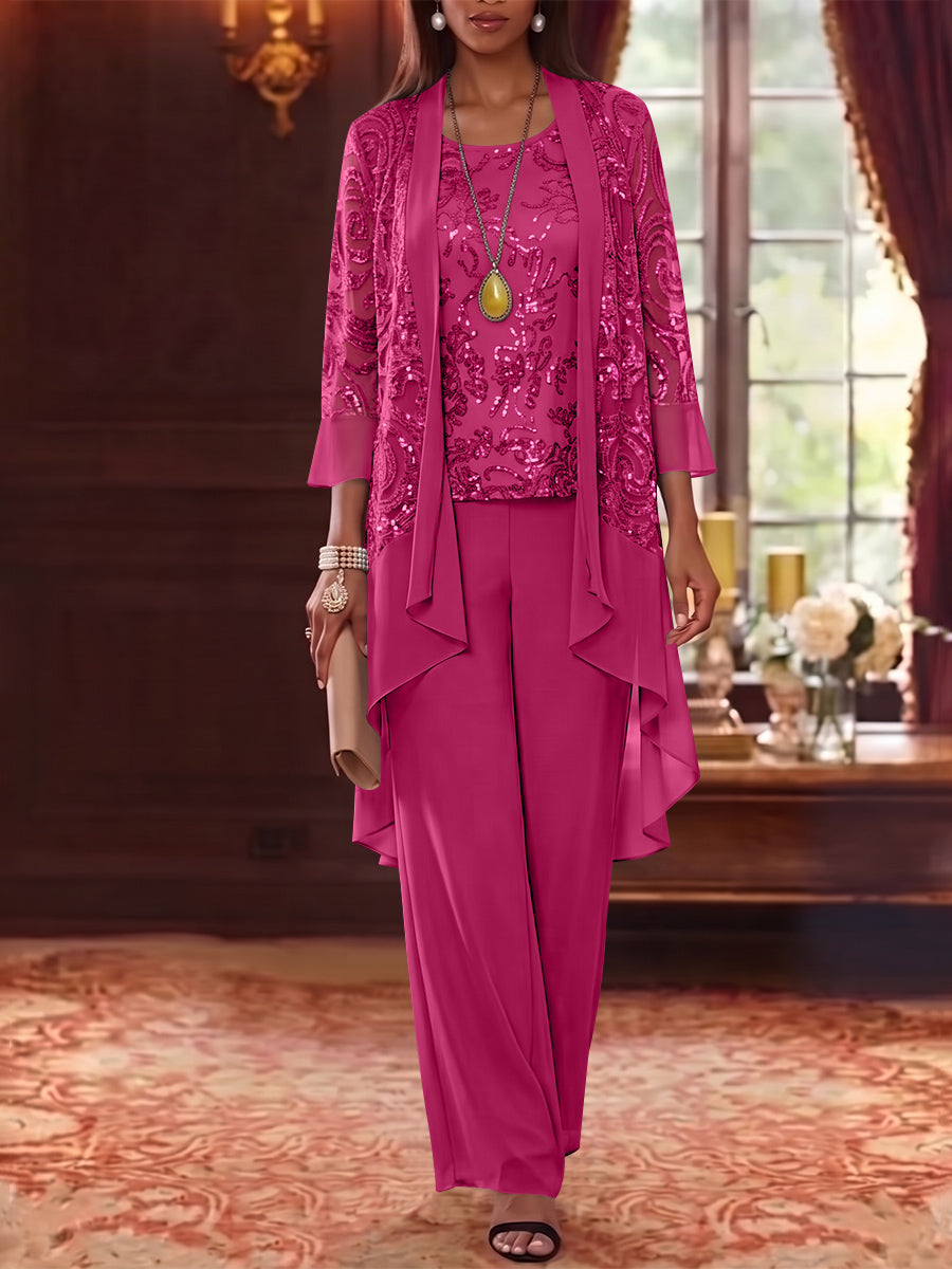 3 Pieces Scoop Chiffon Mother of the Bride Pantsuits with Jacket 3/4 Sleeves Ankle-Length Floral Sequins