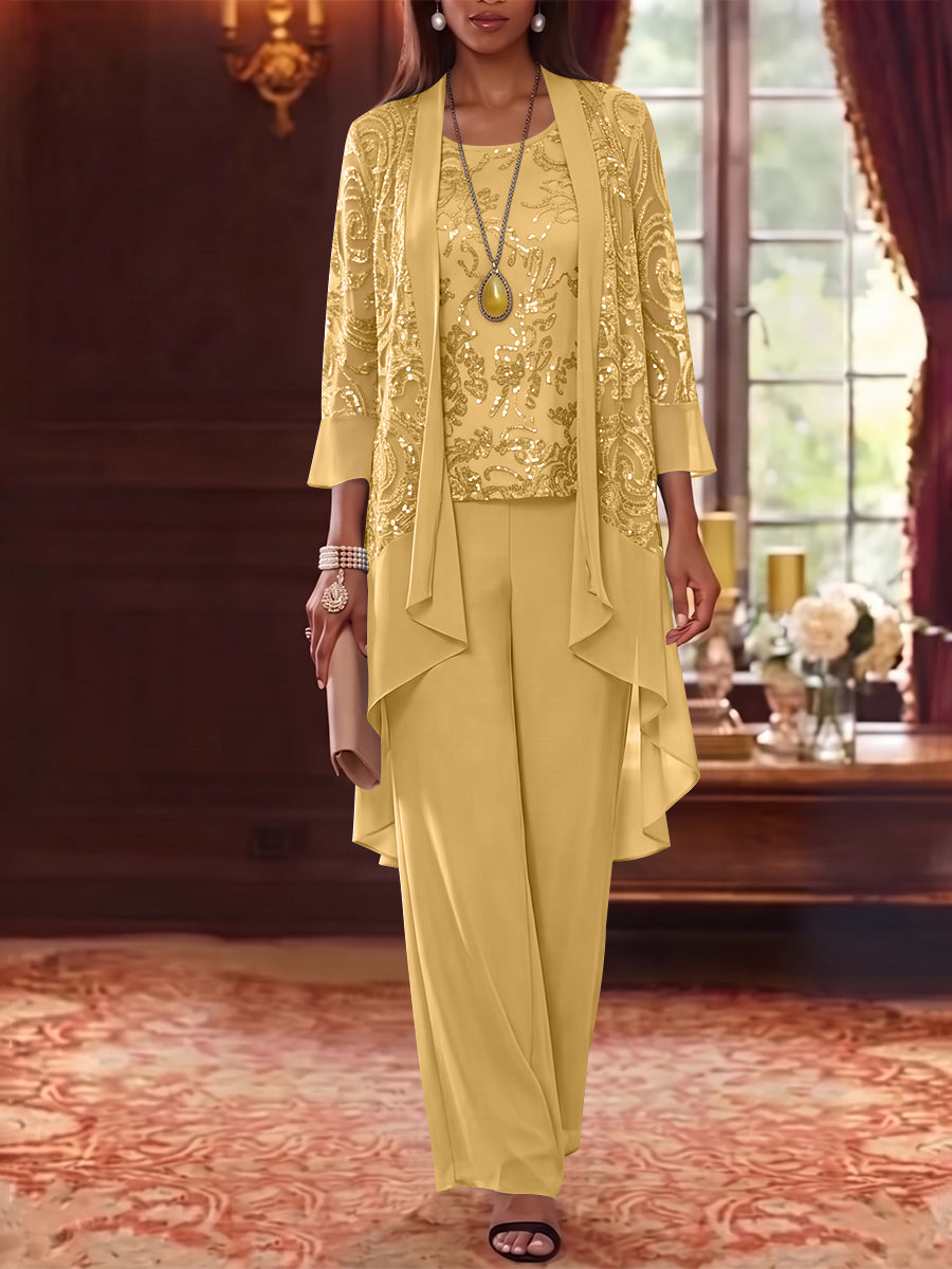 3 Pieces Scoop Chiffon Mother of the Bride Pantsuits with Jacket 3/4 Sleeves Ankle-Length Floral Sequins