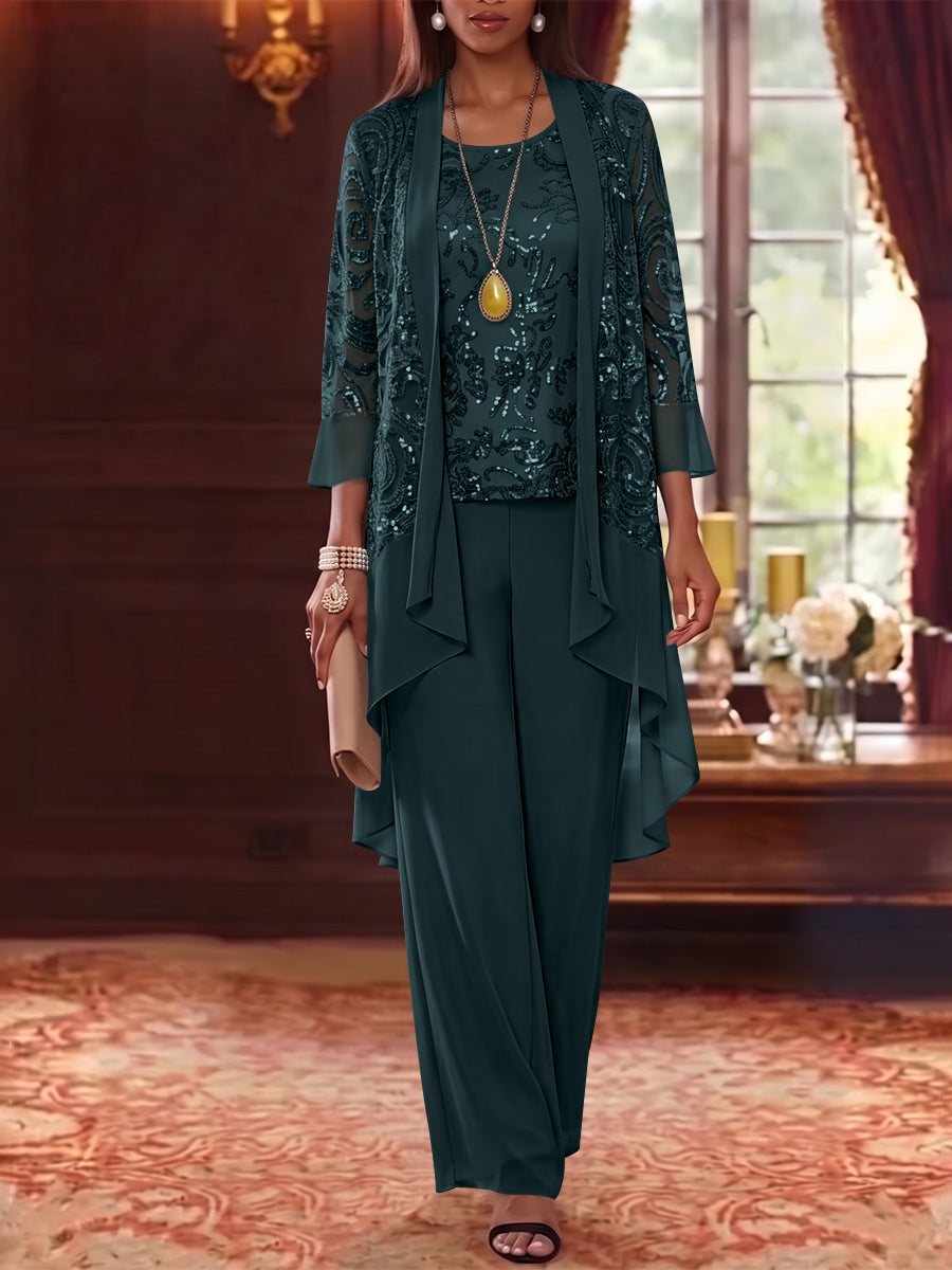 3 Pieces Scoop Chiffon Mother of the Bride Pantsuits with Jacket 3/4 Sleeves Ankle-Length Floral Sequins