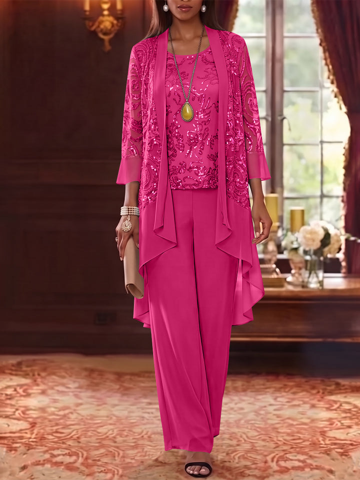 3 Pieces Scoop Chiffon Mother of the Bride Pantsuits with Jacket 3/4 Sleeves Ankle-Length Floral Sequins