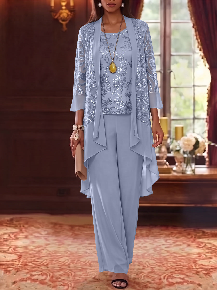 3 Pieces Scoop Chiffon Mother of the Bride Pantsuits with Jacket 3/4 Sleeves Ankle-Length Floral Sequins