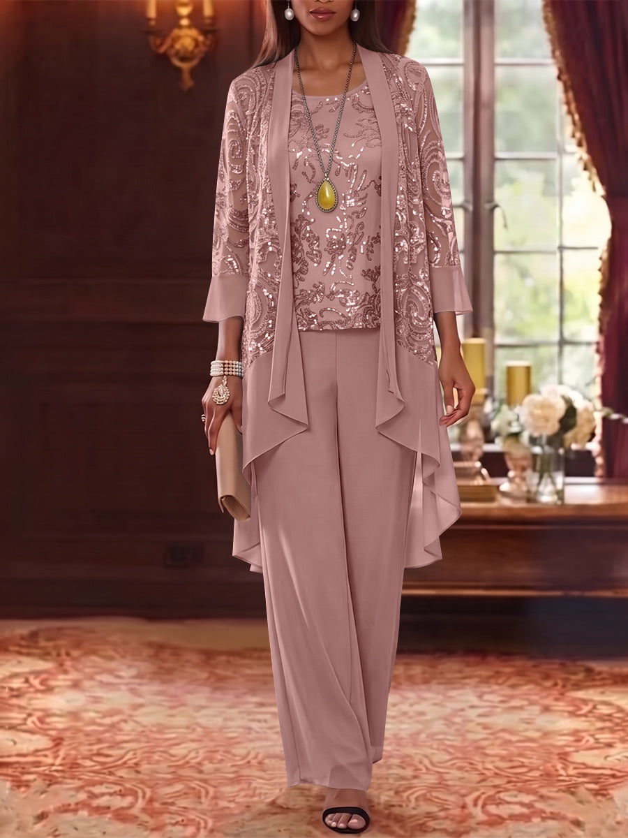 3 Pieces Scoop Chiffon Mother of the Bride Pantsuits with Jacket 3/4 Sleeves Ankle-Length Floral Sequins