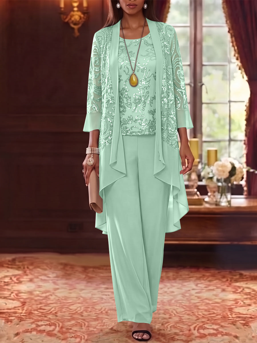 3 Pieces Scoop Chiffon Mother of the Bride Pantsuits with Jacket 3/4 Sleeves Ankle-Length Floral Sequins