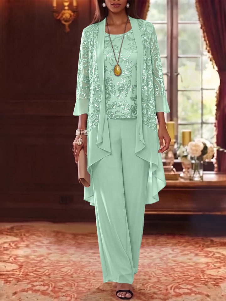 3 Pieces Scoop Chiffon Mother of the Bride Pantsuits with Jacket 3/4 Sleeves Ankle-Length Floral Sequins
