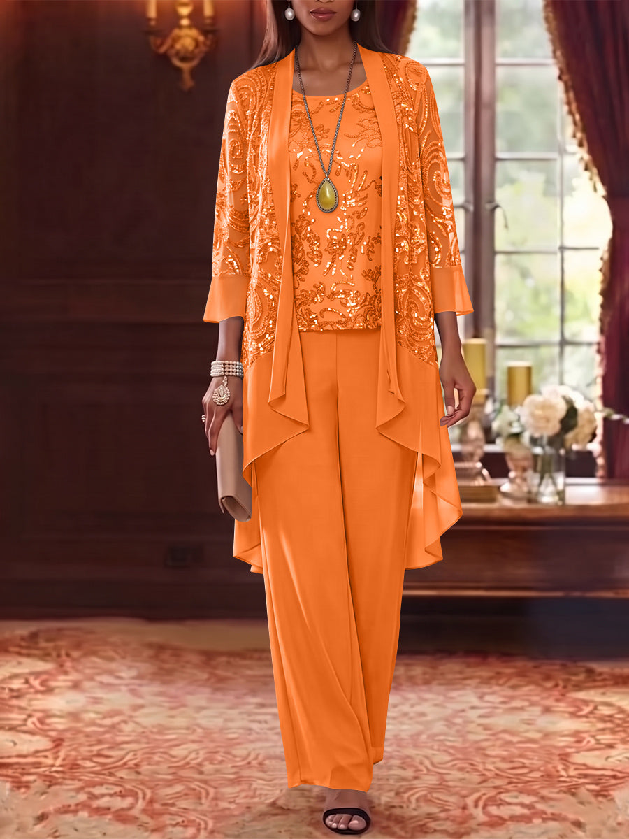 3 Pieces Scoop Chiffon Mother of the Bride Pantsuits with Jacket 3/4 Sleeves Ankle-Length Floral Sequins