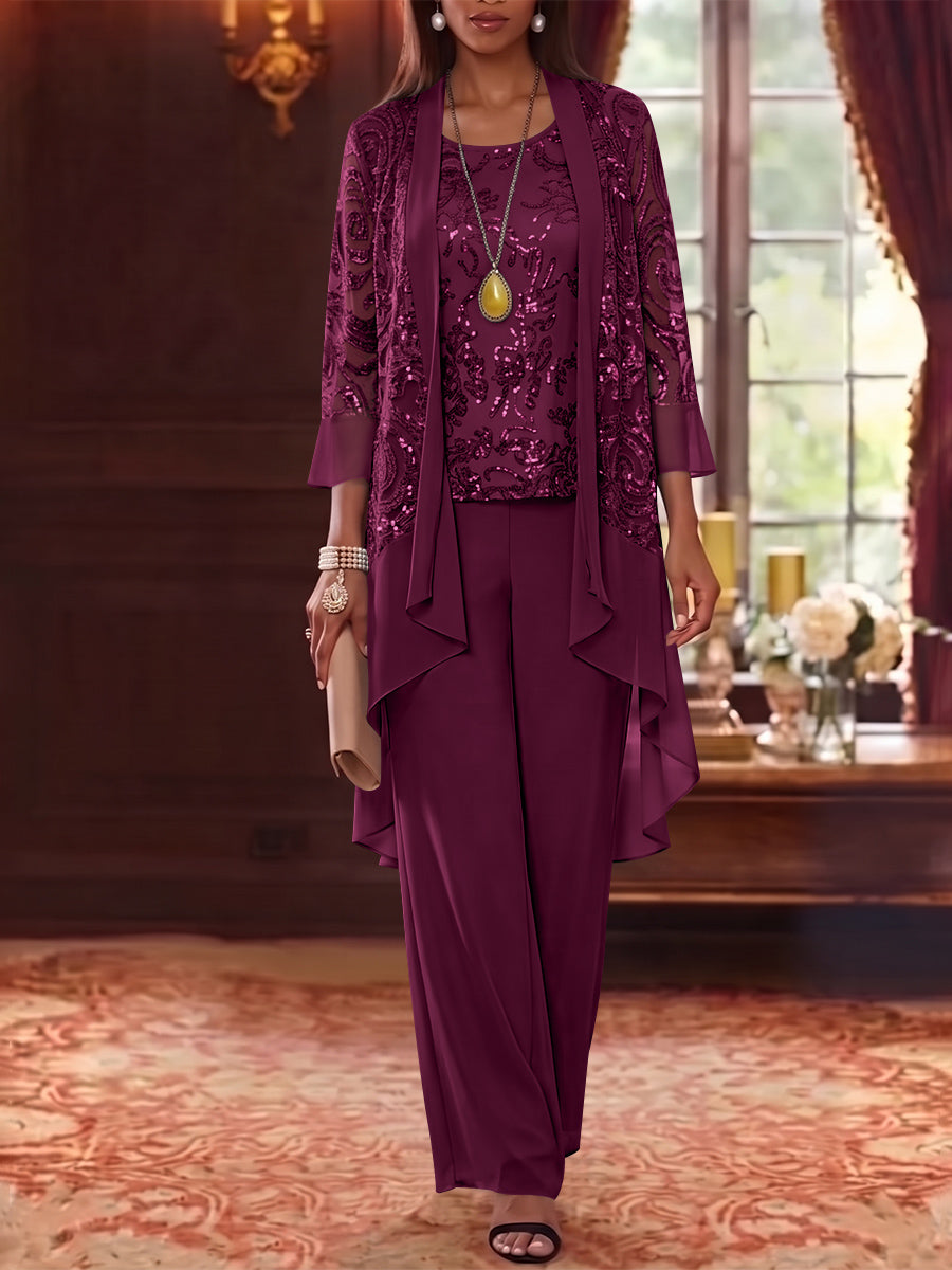 3 Pieces Scoop Chiffon Mother of the Bride Pantsuits with Jacket 3/4 Sleeves Ankle-Length Floral Sequins