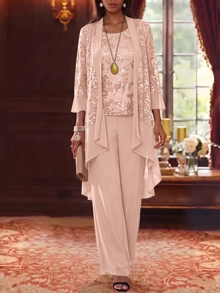 3 Pieces Scoop Chiffon Mother of the Bride Pantsuits with Jacket 3/4 Sleeves Ankle-Length Floral Sequins