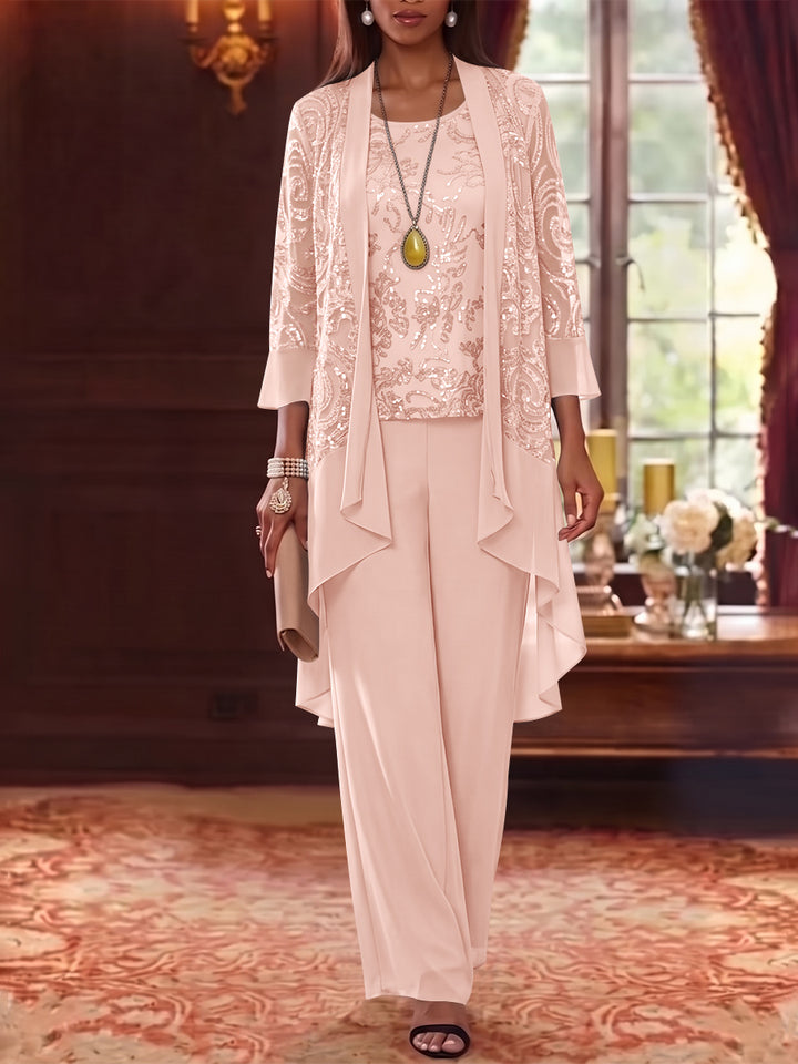 3 Pieces Scoop Chiffon Mother of the Bride Pantsuits with Jacket 3/4 Sleeves Ankle-Length Floral Sequins