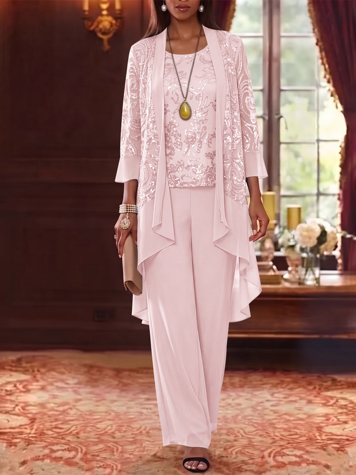 3 Pieces Scoop Chiffon Mother of the Bride Pantsuits with Jacket 3/4 Sleeves Ankle-Length Floral Sequins