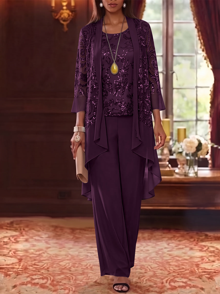 3 Pieces Scoop Chiffon Mother of the Bride Pantsuits with Jacket 3/4 Sleeves Ankle-Length Floral Sequins
