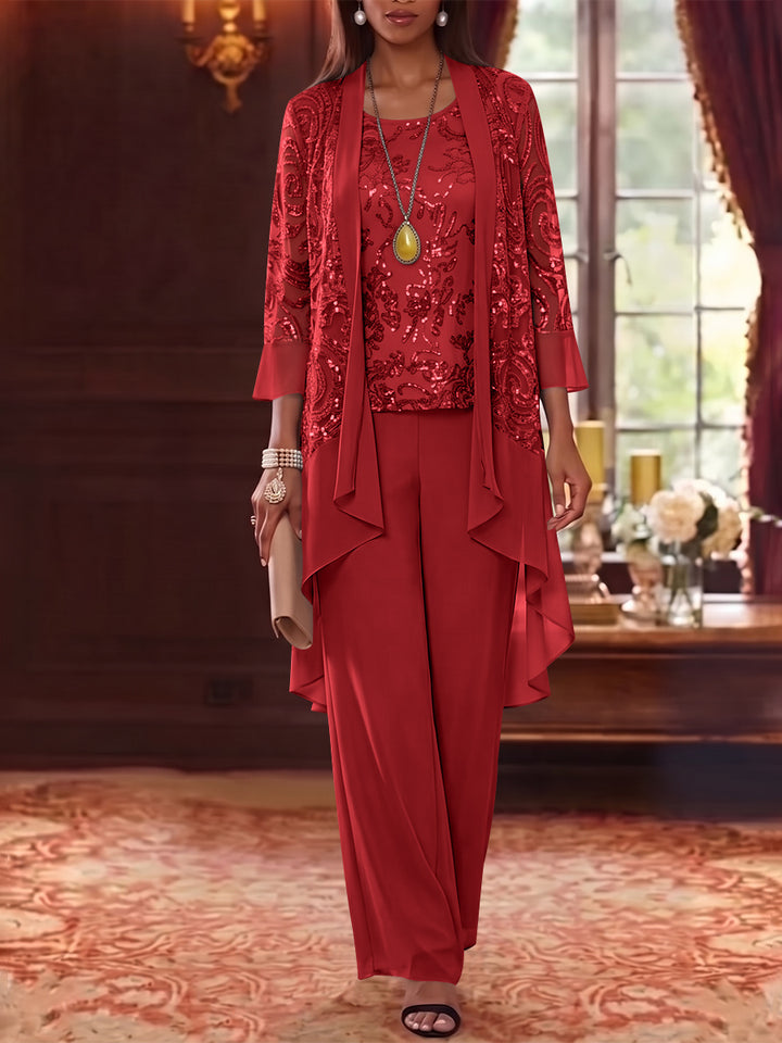 3 Pieces Scoop Chiffon Mother of the Bride Pantsuits with Jacket 3/4 Sleeves Ankle-Length Floral Sequins